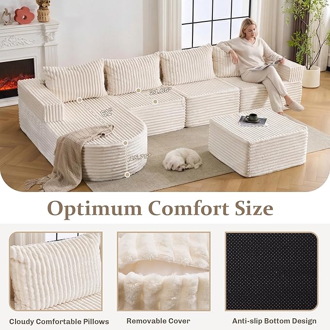 132” Boneless Couches for Living Room, L-Shaped Modular Sectional Sofa with Chaise & Ottoman, Modern Corduroy Cloud Couch with Deep Seat, Comfy Sponge Compression Convertible Sofas