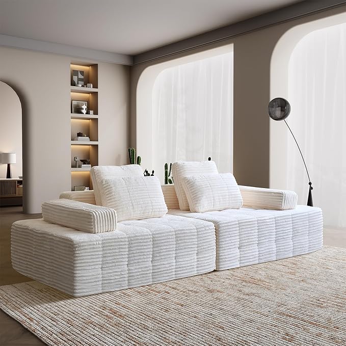 Modular Sectional Sofa with Movable Handrails, Straight-Row Boneless Sofa Sectional Couch for Living Room, Deep Seat Memory Foam Faux Rabbit Fur Fabric Sofa, No Assembly Required (White)