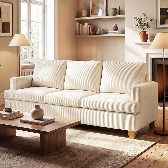 YOUDENOVA 89" White Corduroy Sofa for Living Room, 3 Seater Cloud Couch, Deep Seat Floor Couch for Bedroom, Futon Modern Sofa Bed, White Corduroy