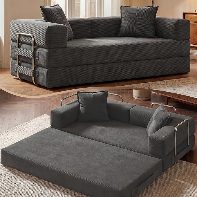 78 Inch Convertible Sofa Bed, 5-in-1 Futon Sofa Bed Pull Out Couch, Boneless Couch Bed for Living Room, Corduroy Boneless Couches for Bedroom, Apartment, No Assembly Sleeper Sofa Bed, Gray | 4 Fixed-Shape Frame, Removable Corduroy, High-density foam, W...