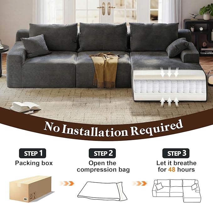 97" L-Shaped Boneless Modular Cloud Couch, Comfy Corduroy Sectional Sofa with Deep Seat and Right Facing Chaise, Flexible Module Combination for Living Room, No Assembly Required (Grey)