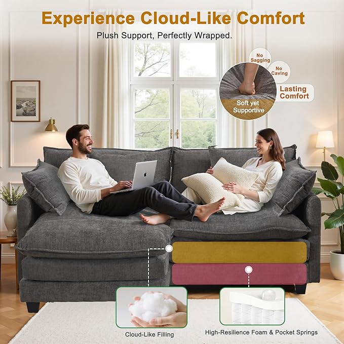 Cloud Chenille L-Shaped Sofa with Ottoman, 77" Space Saving Sectional Loveseat with Chaise, Couch for Small Spaces, Easy Assembly, 1YR Warranty