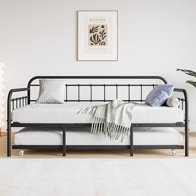 JURMERRY Metal Daybed Frame with Trundle Twin Size Heavy Duty Steel Slats Support Platform Furniture,Textured Black…