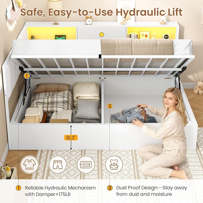 Hasuit Corner Full Lift Up Storage Bed Frame with Charging Station & LED Lights, Full Day Bed with Upholstered Headboard and Bookcase, Corner Beds with Hydraulic for Kids Teens Guests, White