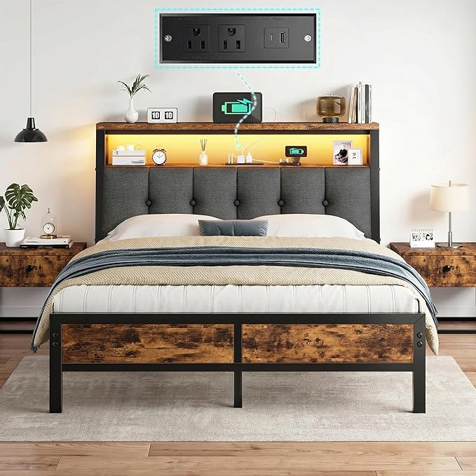 Homkdom Full Size Bed Frame with Charging Station and LED Lights, Grey Upholstered Headboard with 2-Tier Storage Shelves,12" Under-Bed Storage, No Sliding,Noise-Free,Easy Assembly,Vintage Brown