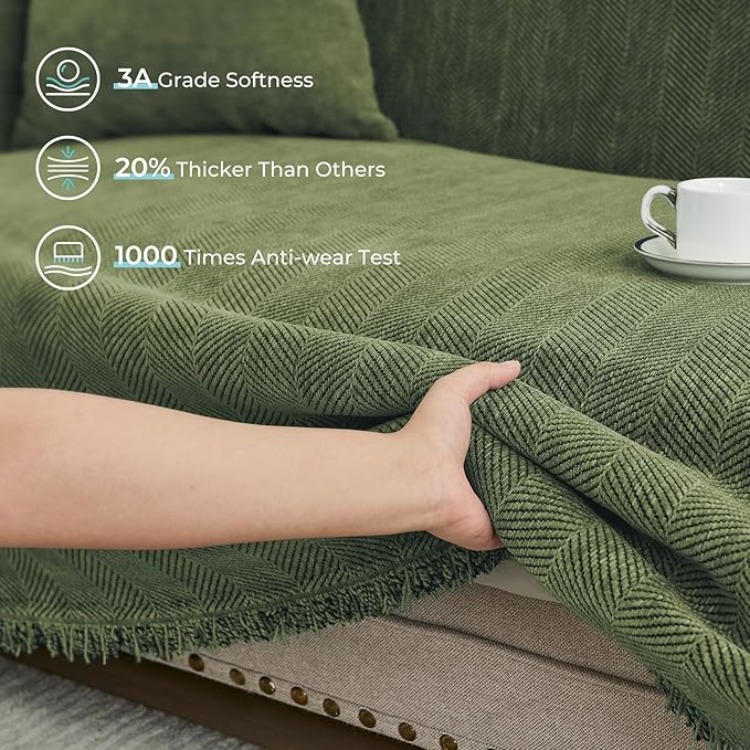 Sectional Couch Covers 2 Pieces, Chenille L Shaped Couch Cover Blanket for Sectional Sofa with Herringbone Pattern Washable Sofa Slipcovers (XX-Large: 71" x 118" + 71" x 118", Green)