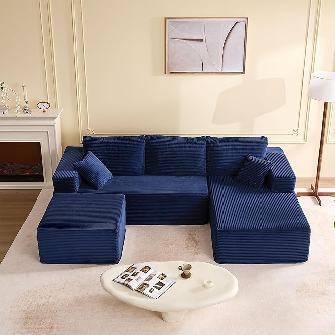 107" Boneless Couch with Deep Seat, Set of Modular Sectional Sofa, Cloud Sectional Couch for Living Room, No Assembly Required, Corduroy, U-Shape 3 Seater Right, Blue