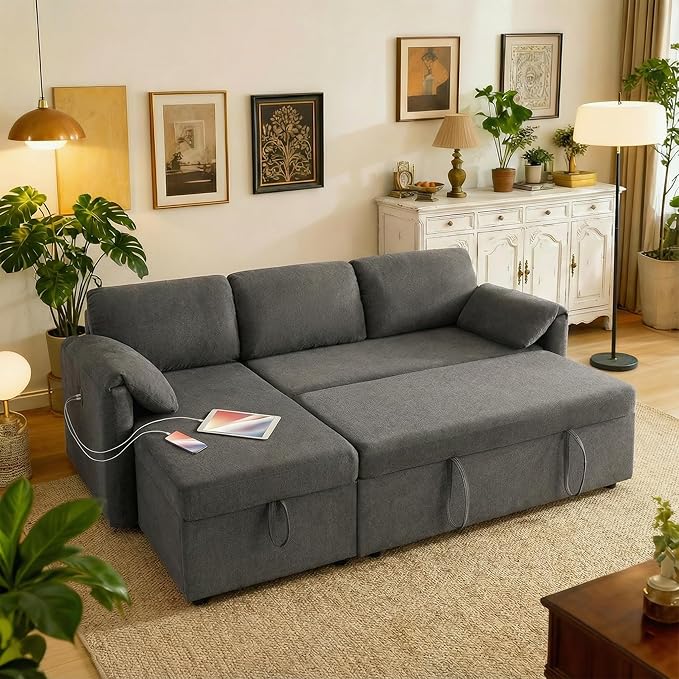 Tbfit 83'' Pull Out Sofa, 3 in 1 Sleeper Sofa Couch with USB & Storage Chaise, Comfy Sofa Bed with Pull Out Bed, Convertible Sleeper Sofas for Living Room, Small Spaces, Dark Gray