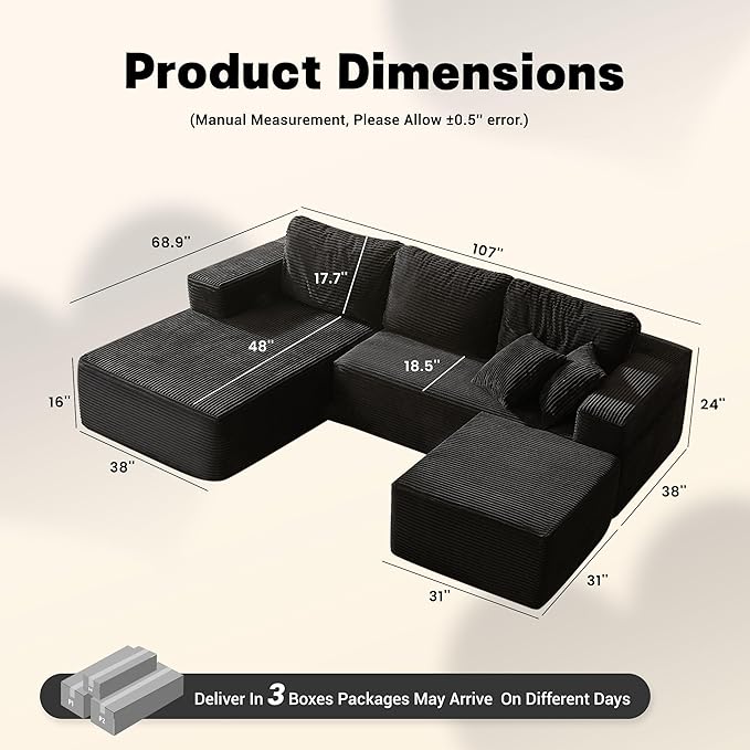 107" Boneless Couch with Deep Seat, Set of Modular Sectional Sofa, Cloud Sectional Couch for Living Room, No Assembly Required, Corduroy, U-Shape 3 Seater Left, Black