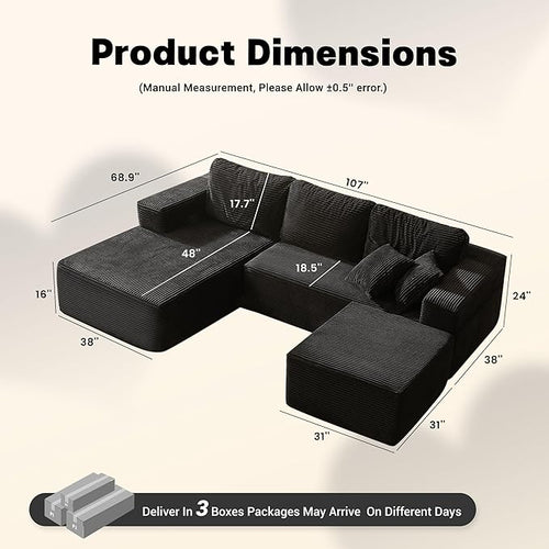 107" Boneless Couch with Deep Seat, Set of Modular Sectional Sofa, Cloud Sectional Couch for Living Room, No Assembly Required, Corduroy, U-Shape 3 Seater Left, Black