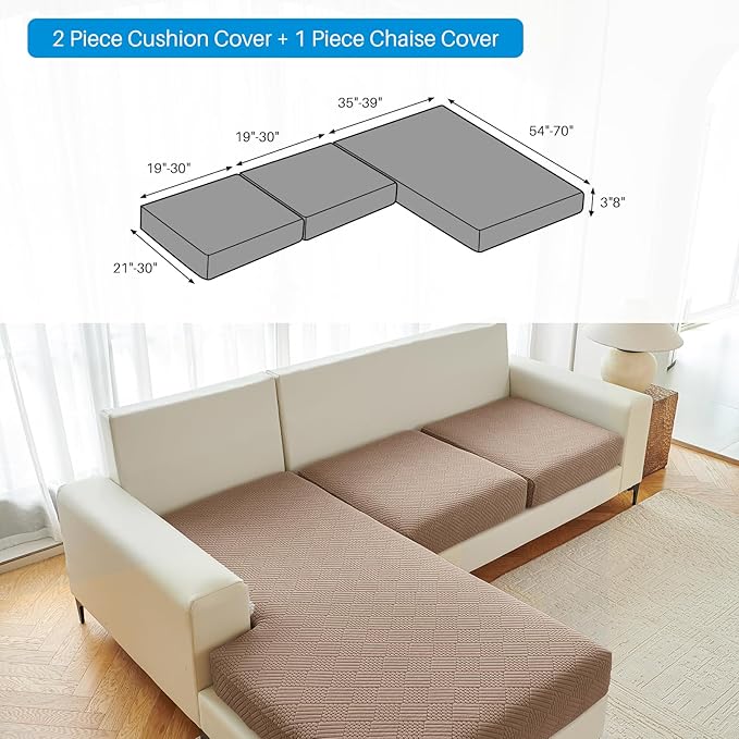 Deep Dream Sectional Couch Covers 3 Pieces, Couch Cushion Covers L Shape Couch Cover Stretch Sofa Slipcover for Left/Right Chaise Sectional Couch (2 Seater + 1 Chaise, Brown)