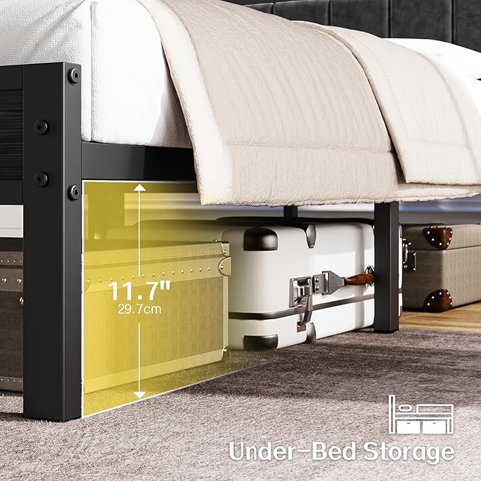 OLEVS Full Size Bed Frame with LED Lights & Charging Station, Modern Platform Bed with Upholstered Storage Headboard, No Box Spring Needed Easy Assembly