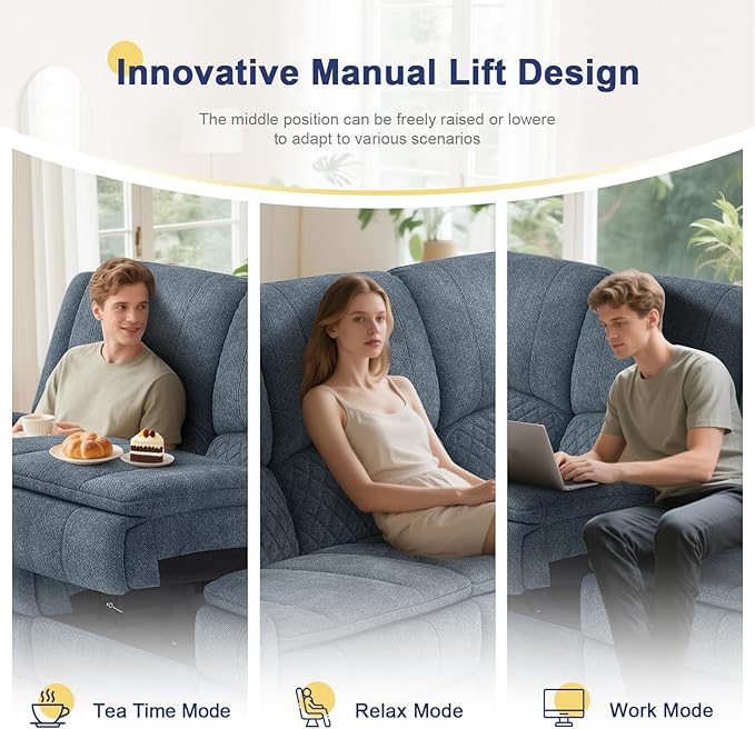 3+1+1 Manual Recliner Sofa, Maximum Load Capacity 2250lbs & Ergonomics Design, Multi-Functional Middle Seat & Home Theater Seating with Removable Armrest and Storage for RV Living Room (Fabric,Blue)
