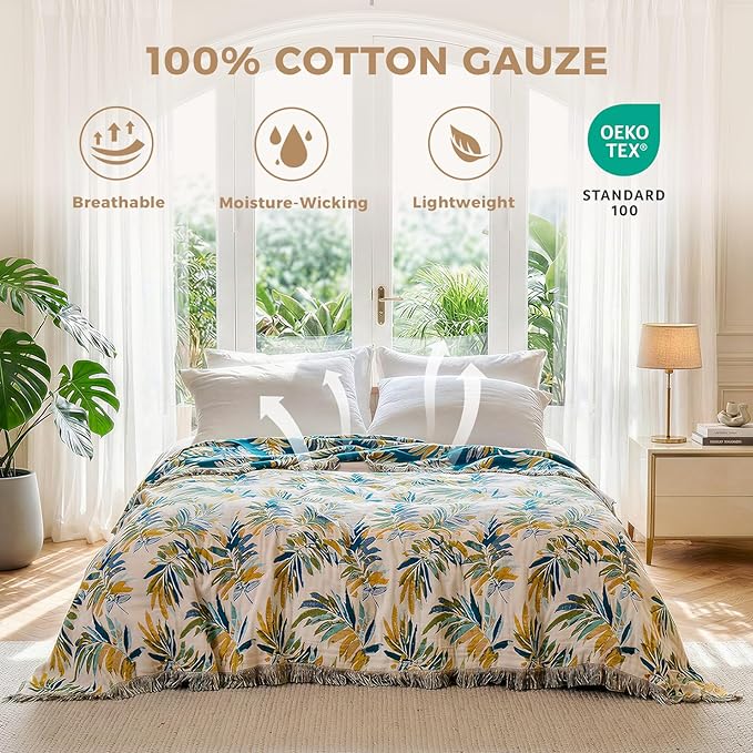 LUTBM Boho Throw Blanket for Bed Cotton Spring Blankets Twin Size for Bedroom Living Room All Season Lightweight Leaves Embroidery Breathable Quilt for Couch Sofa Chair 60"x80" Home Decor