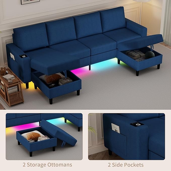 U Shaped Sectional Couches for Living Room, 109" Linen Cloud Couch with Chaise Lounge/Storage Ottoman, 4 Seat Sectional Sofa with Smart Module-Wireless Charging/USB/Type-C/RGB Lights (Blue)