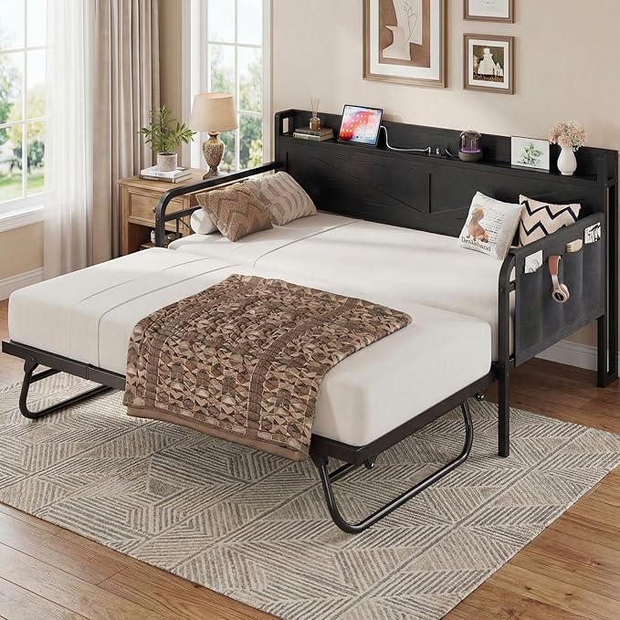 LIKIMIO Twin Daybed, Day Beds with Pop Up Trundle, Storage Headboard with Charging Station, Strong Supports for Apartment and Other Small Space, Black