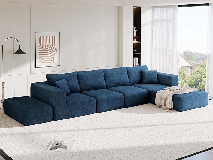 CUGOAO 152'' Oversized 2-in-1 Modular Sectional Sofa Bed, Modern Boneless Couch, Extra Deep Seat Upholstery Cloud Couch, Boneless Couches for Living Room, No Assembly Required, Blue Chenille