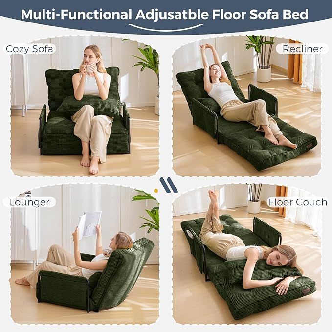MAXYOYO Adjustable Floor Sofa Couch with Pillow, Multi-Functional Bean Bag Bed, 5-Position Foldable Lazy Sofa Sleeper Bed with Armrest, Versatile Floor Seating for Reading, Dark Green, Single
