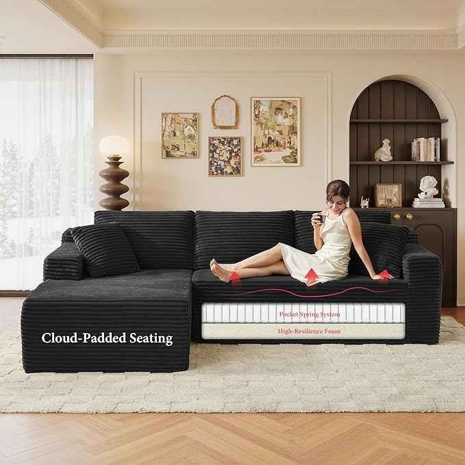 96" Sectional Couches for Living Room Cloud Couch Sofa with L-Shape Upholstered Boneless Couchs Modern Modular Sectional Couch with Chaise (Black, 95" W+Left Facing Chaise+2Seaters)