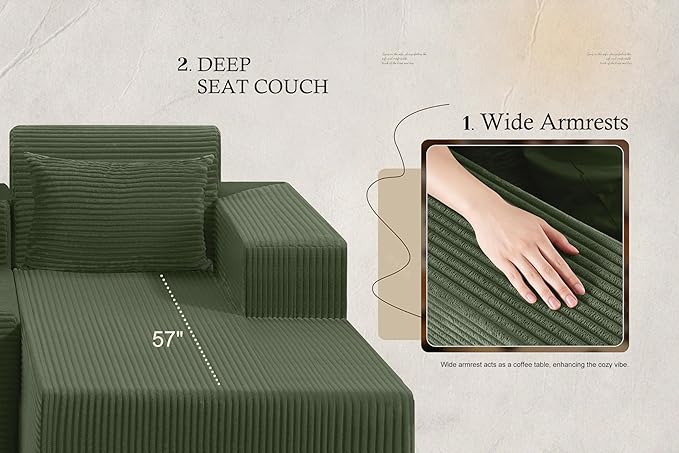 HABUTWAY Sectional Couches for Living Room,No Assembly L Shaped Couch 105" Modular Sectional Sofa Couch with Deep Seat,Cloud Couches Furniture Sets for Apartment,Corduroy (Green, Right Facing)