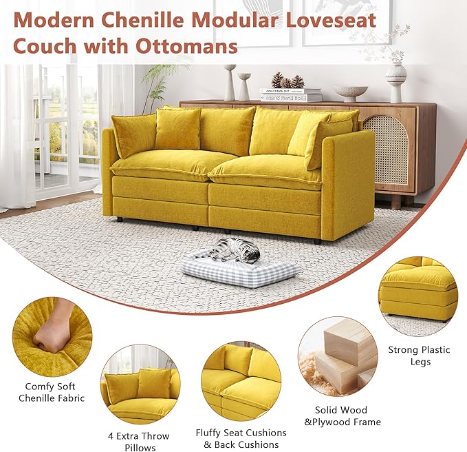Setawix Chenille Loveseat Sofa Couch with Deep Seat,Large 2 Seater Cloud Couches for Living Room,77.16" Roomy Cloud Sofas,Modular Sectional 2 Seat Sofa with Pillows for Bedroom. (Yellow, 2 Seater)