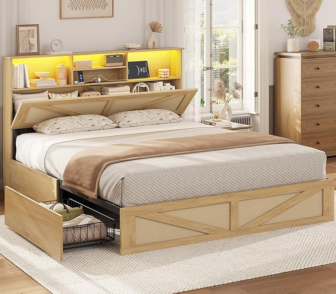 VIAGDO Bed Frame Queen Size with Bookcase Storage Headboard, Charging Station and LED Lights, Wooden Queen Bed Frame with 4 Drawers, Barn Door Design, No Box Spring Needed, No Noise, Natural Rattan