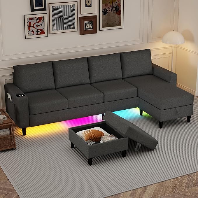Sectional Couches for Living Room, 109" U Shaped Cloud Couch with Chaise Lounge/Storage Ottoman, 4 Seat Linen Sectional Sofa with Smart Module-Wireless Charging/USB/Type-C/RGB Lights (Dark Grey)