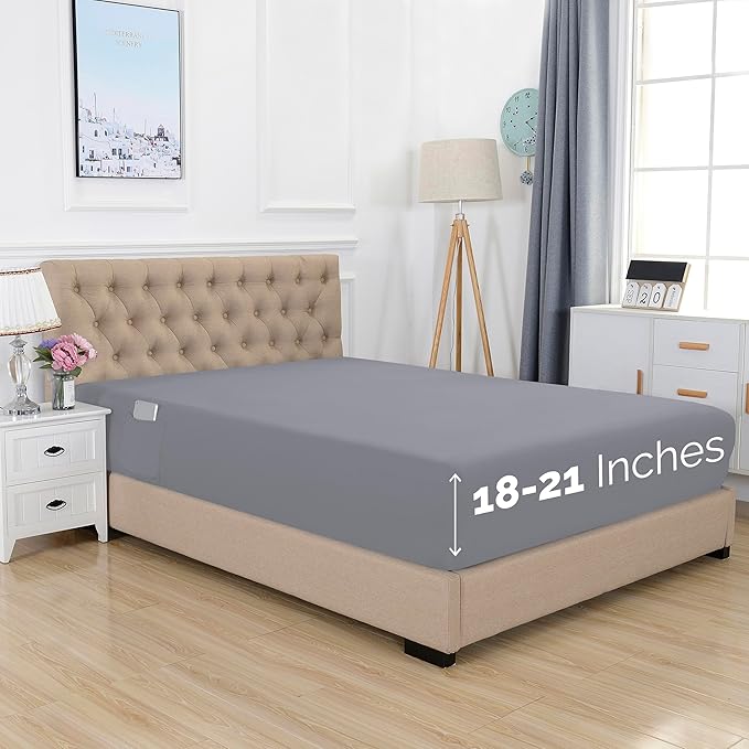 Elegant Comfort 1500 Premium Hotel Quality 18-21 Inches Deep - Extra Deep Pocket Single Fitted Sheet for High Mattress, Luxury and Softest, Smart Pocket - Wrinkle Free, Queen, Gray