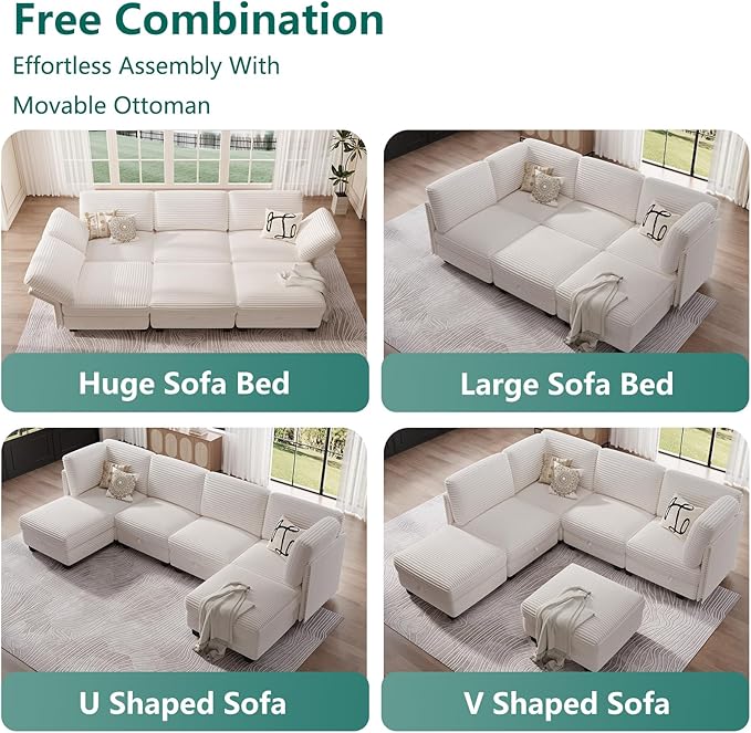 Modular Sectional Sofa with Adjustable Backrest, Convertible L/U-Shaped Sleeper Couch for Living Room, Cloud Sofa Bed Modern Reversible Design, Beige