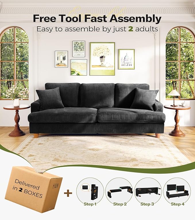 Kidirect 87in U Shaped Couch, Modular Sofa No Tool Assembly, Comfy Sectional Couches for Living Room 21in Deeper Seats, Corduroy Sofas for Living Room with 2 Pillows, Loveseat Sofa Set, Black Couch | Comfy Corduroy, Oversized 87in Couch, 850LB Tough, T...