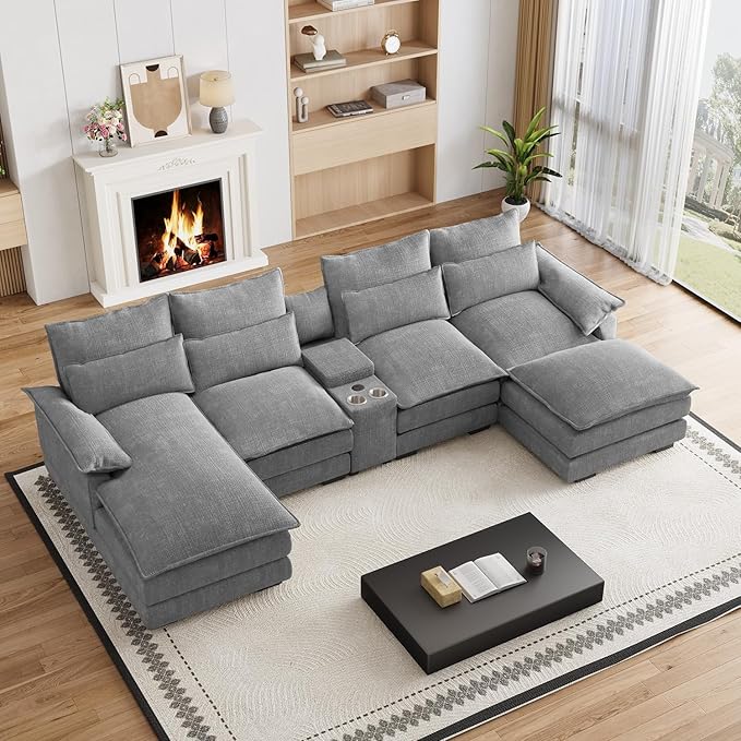 135" U Shaped Cloud Couch Sectional Modular Sectional Couches for Living Room Oversized Comfy Chenille Sofa Cloud Couch Set with Storage Central Console, USB Ports, Chaise Lounge, Ottoman, Grey