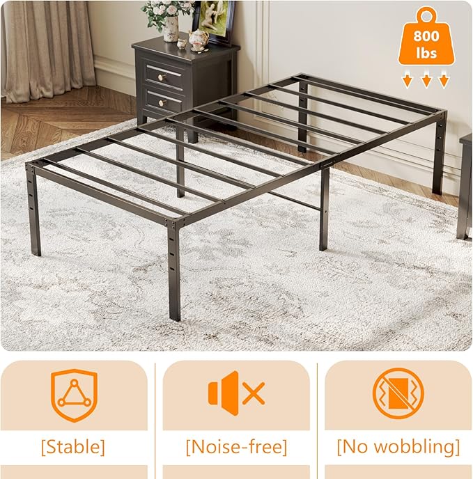VINGLI 16 Inch Twin Bed Frame, Heavy Duty Metal Platform, No Box Spring Needed, Sturdy Steel Slat Support, Easy Assembly, Noise-Free, 14.4 Inch Underbed Storage,Black