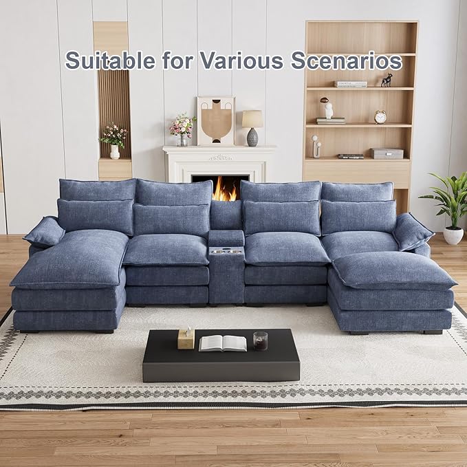 135" U Shaped Cloud Couch Sectional Modular Sectional Couches for Living Room Oversized Comfy Chenille Sofa Cloud Couch Set with Storage Central Console, USB Ports, Chaise Lounge, Ottoman, Blue