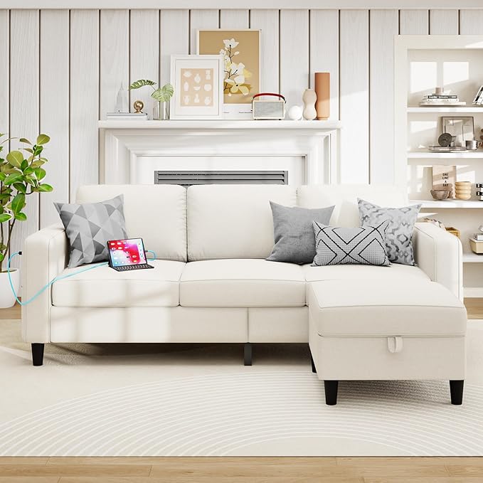 ZeeFu Sectional Sofa Coches for Living Room, 3 Seater L Shaped Couch with USB & Type-C Charg Port & Storage Ottoman, Modern Linen Living Room Furniture, Small Couch for Apartments and Office
