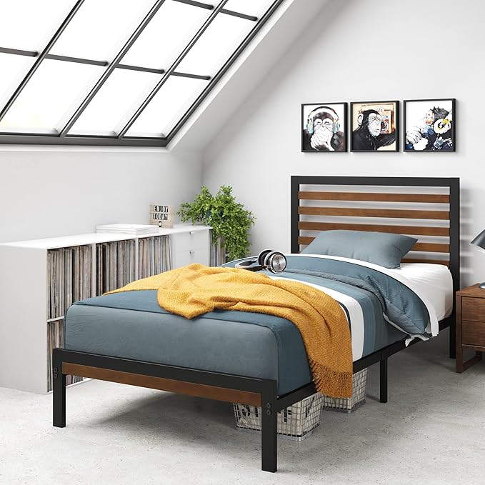 Zinus Kai Bamboo and Metal Platform Bed Frame with Headboard, No Box Spring Needed, Easy Assembly, Twin, Brown