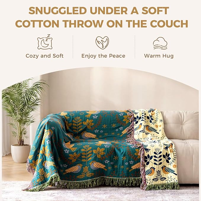 Boho Throw Blanket for Couch 100% Cotton Soft Birds and Floral Double Embroidery Breathable Spring Throw Blankets,50"x60" All Season Reversible Throws for Sofa Chair Livingroom Home Decor