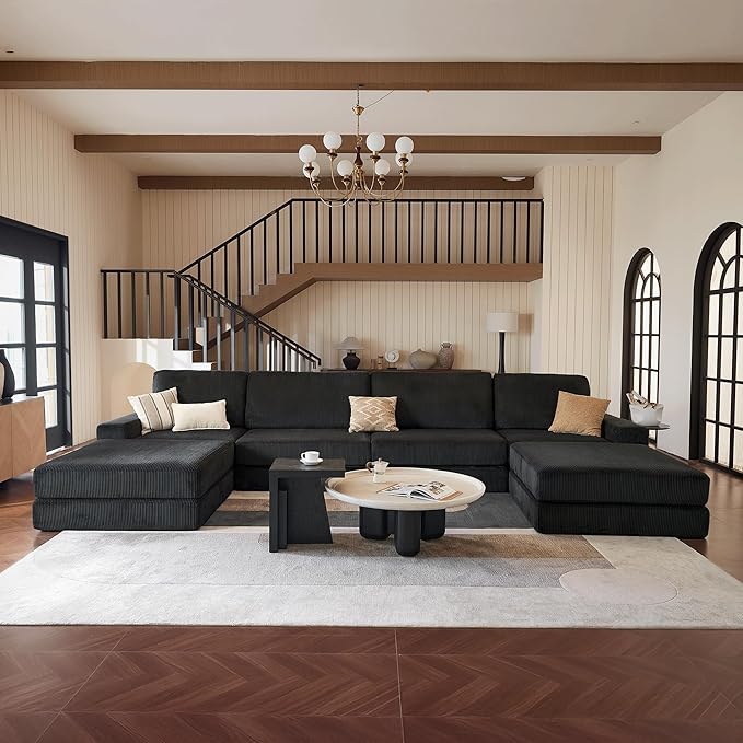 Modular Sectional Boneless Sofa, 160.63" Oversized Modern Cloud Couch Sectional Sofa with U-Shaped Chaise Comfy Corduroy Fluffy Couch with Deep Seat Couches for Living Room Bedroom, Black