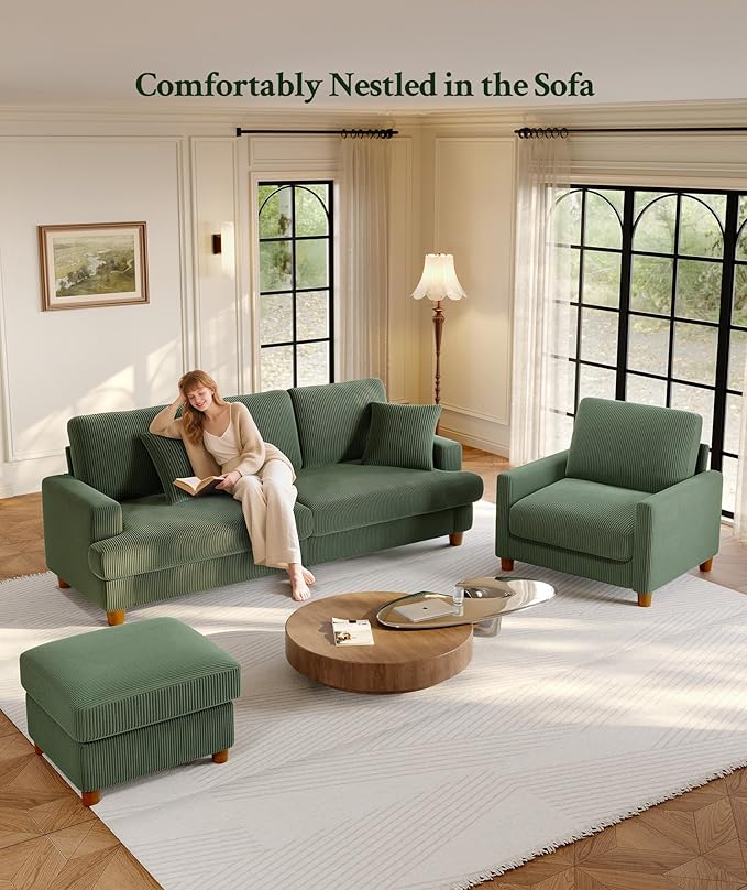 87.2" Couches for living room, Comfy Sectional Couch Green 7.5" Thicker Cushion, Sofas for Living Room Tool-Free Setup, Accent Chair with Ottoman 848lbs Support, Corduroy Couch for Home Office