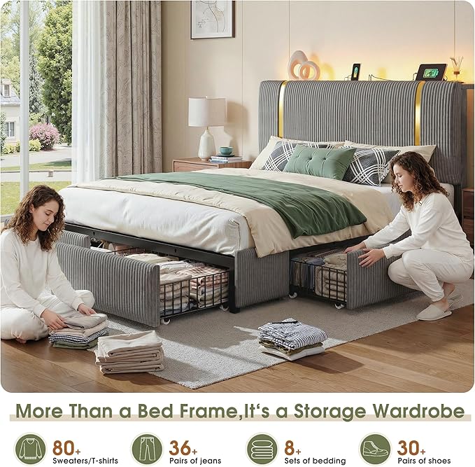 Homkdom King Size Bed Frame with 6 Storage Drawers, Soft Upholstered Bed Frame King with Adjustable Tall Corduroy Headboard, LED Light & Charging Station, 1200-LB Heavy Duty Metal Support,Modern,Grey