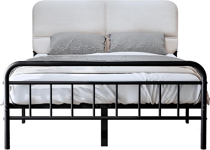 14Inch Metal Bed Frame,King Size Bed Frame with Upholstered Headboard,Heavy Duty Sturdy Mattress Foundation,Easy Assembly,No Box Spring Needed,White-King