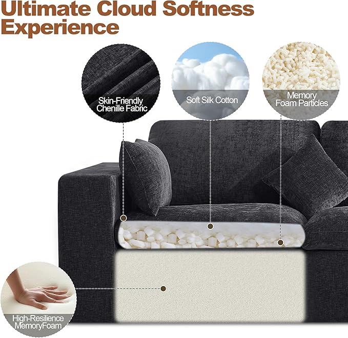 155''Cloud Boneless Sectional Couch, Modular Sectional Sofa Deep Seat with Ottoman, Oversized Upholstered Convertible Comfy 5 Seater Chenille Sofa L Shape Couches for Living Room, Dark