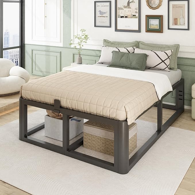 Firpeesy Metal Heavy Duty 18 inch Full Bed Frame with Rounded Corner and Headboard Hole Mattress Retainers 3500 LBS No Box Spring Needed Platform Noise Free Easy Assembly