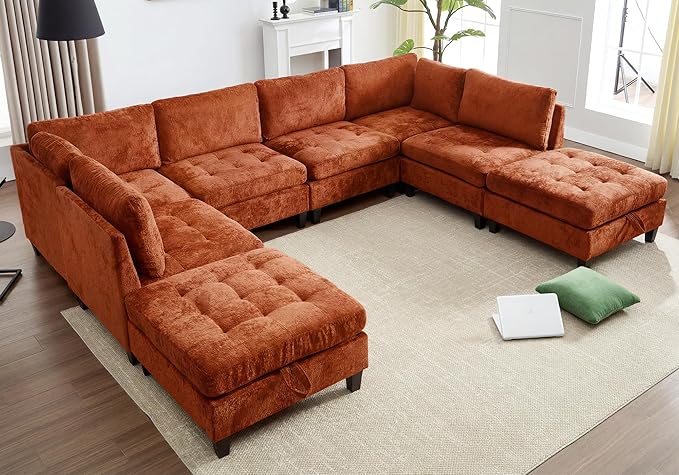 Luxe Oversized Modular Sectional Sofa Set，Modern Chenille Comfy Sectional Cloud Couch for Living Room (6-Seater + 2 * Ottoman + Tea Tray, Orange)