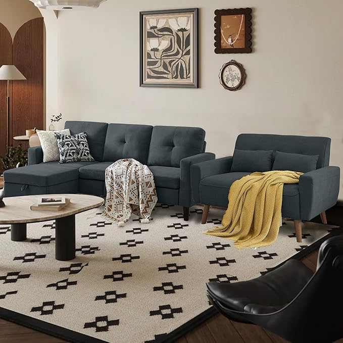 Convertible Sectional Sofa Set, Small L Shaped 3-Seat Couch with Reversible Chaise and Loveseat Sofa, Modern Polyester Sofas Couches for Living Room, Dark Grey | L Shaped 3-Seat, Reversible Chaise, Loveseat Sofa, Modern Polyester, For Living Room