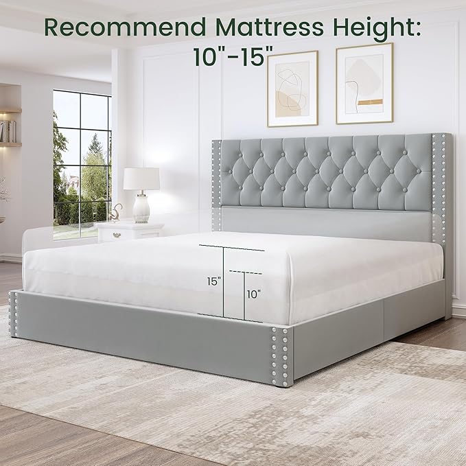 LARMACE King Size Bed Frame with 4 Storage Drawers and Tufted Headboard Velvet Upholstered Platform Bed Frame with Heavy Duty Wood Slats, No Box Spring Needed, Easy Assembly, Bluish Grey