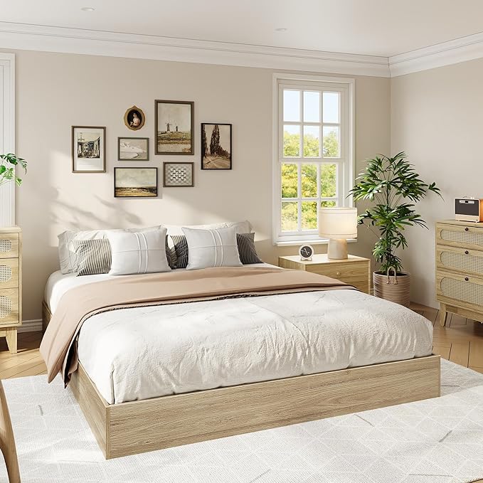Wood Platform Bed with Sturdy Wooden Slats, Queen Size Floor-Standing Bed Frame, Modern Minimalist Design Bed Frame, No Box Spring Needed, Easy Assembly