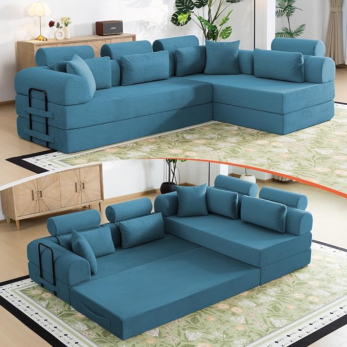 Boneless Sectional for Small Spaces, 106” L Shaped Couch From Two 70.87” Modules, Reconfigures to 141.7” Straight Sofa, Corduroy Compressed Couch in a Box With Headrest Back Pillows, Light Blue