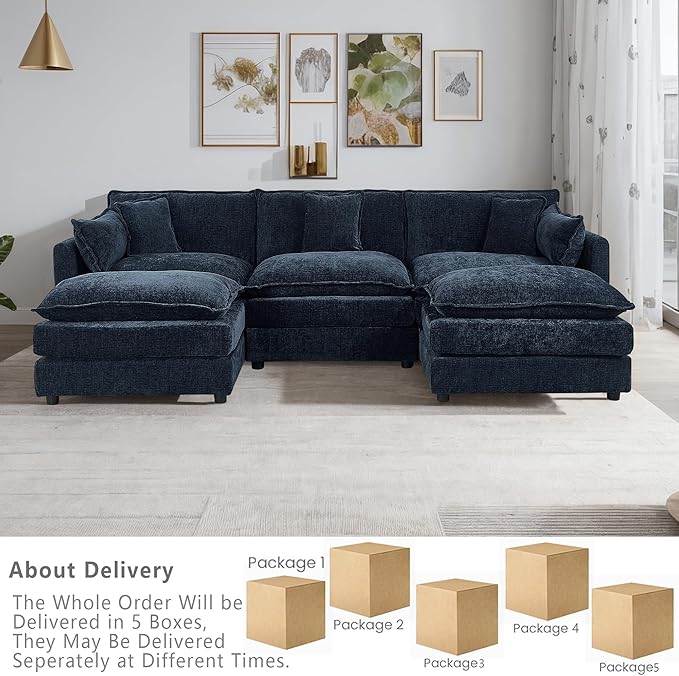 Setawix Deep 3 Seater Couch with Ottomans,112.2" U-Shaped Cloud Couches for Living Room,Chenille Cloud Sofa Couch with Deep Seat,Modular Sectional U Shape 3 Seat Sofa for Bedroom (Blue, 3+2)