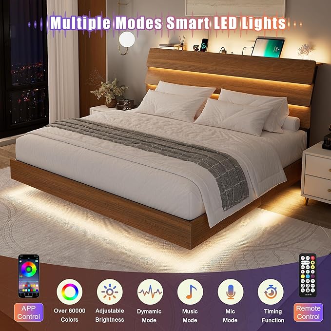Feonase Floating Bed Frame King with Led Lights and Charging Station, Wood Full Size Bed Frame with Storage Headboard, Heavy Duty Metal Slats, No Box Spring Needed, Easy Assembly,Walnut