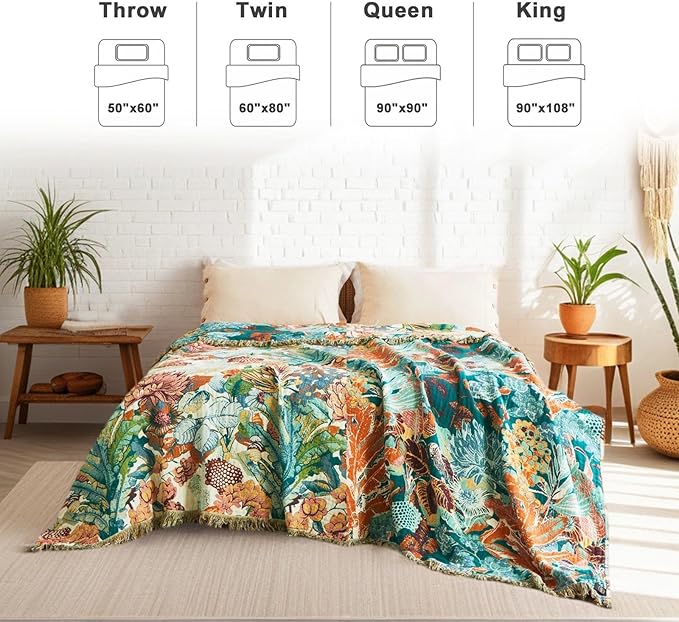 LUTBM Boho Throw Blanket for Bed Cotton Spring Blankets Twin Size for Bedroom Living Room All Season Lightweight Botanical Floral Embroidery Quilt for Couch Sofa Chair 60"x80" Home Decor